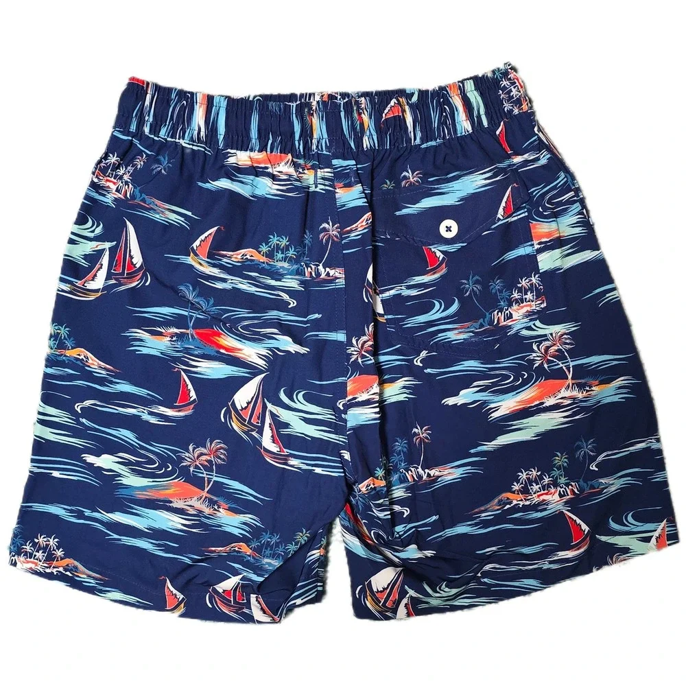 Men Crown & Ivy Swim Trunks SZ S Sailboat Island Print Blue Drawstring Short (W)